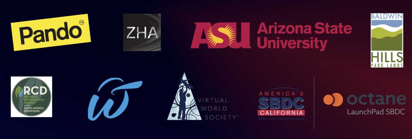 Partner and collaborator logos: Pando, ZHA, Arizona State University, Baldwin Hills Park Lands, RCD Santa Monica Mountains, thehappy.earth, Virtual World Society, America's SBDC California, and Octane LaunchPad SBDC