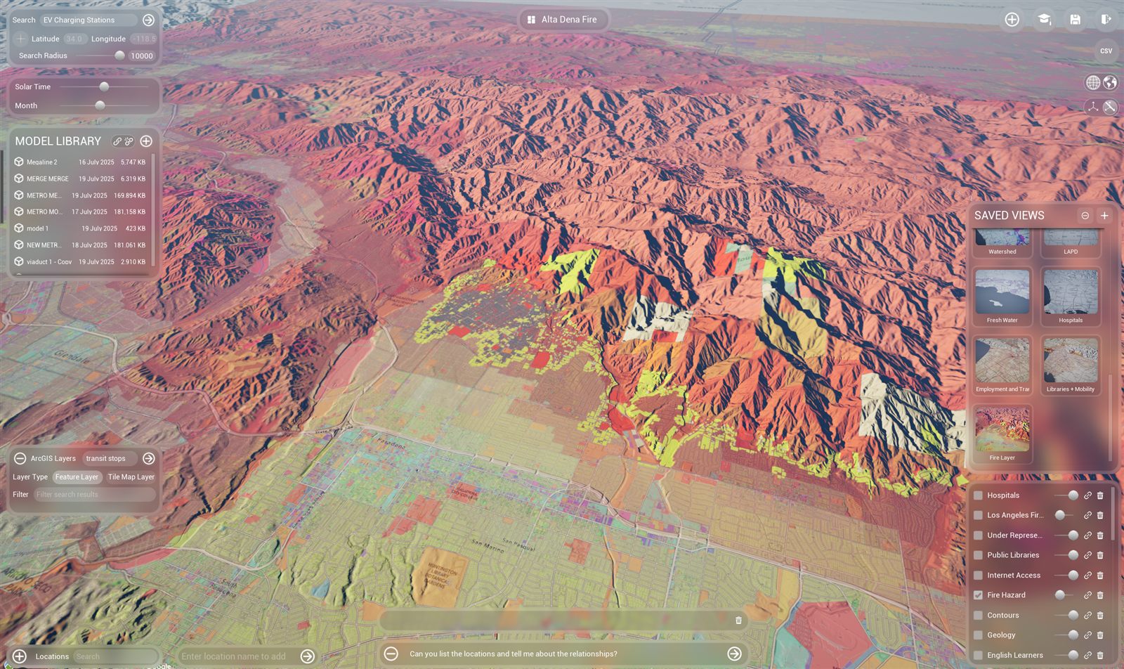 Fire-hazard thematic overlays draped over 3D hillshade terrain in the Altadena fire zone