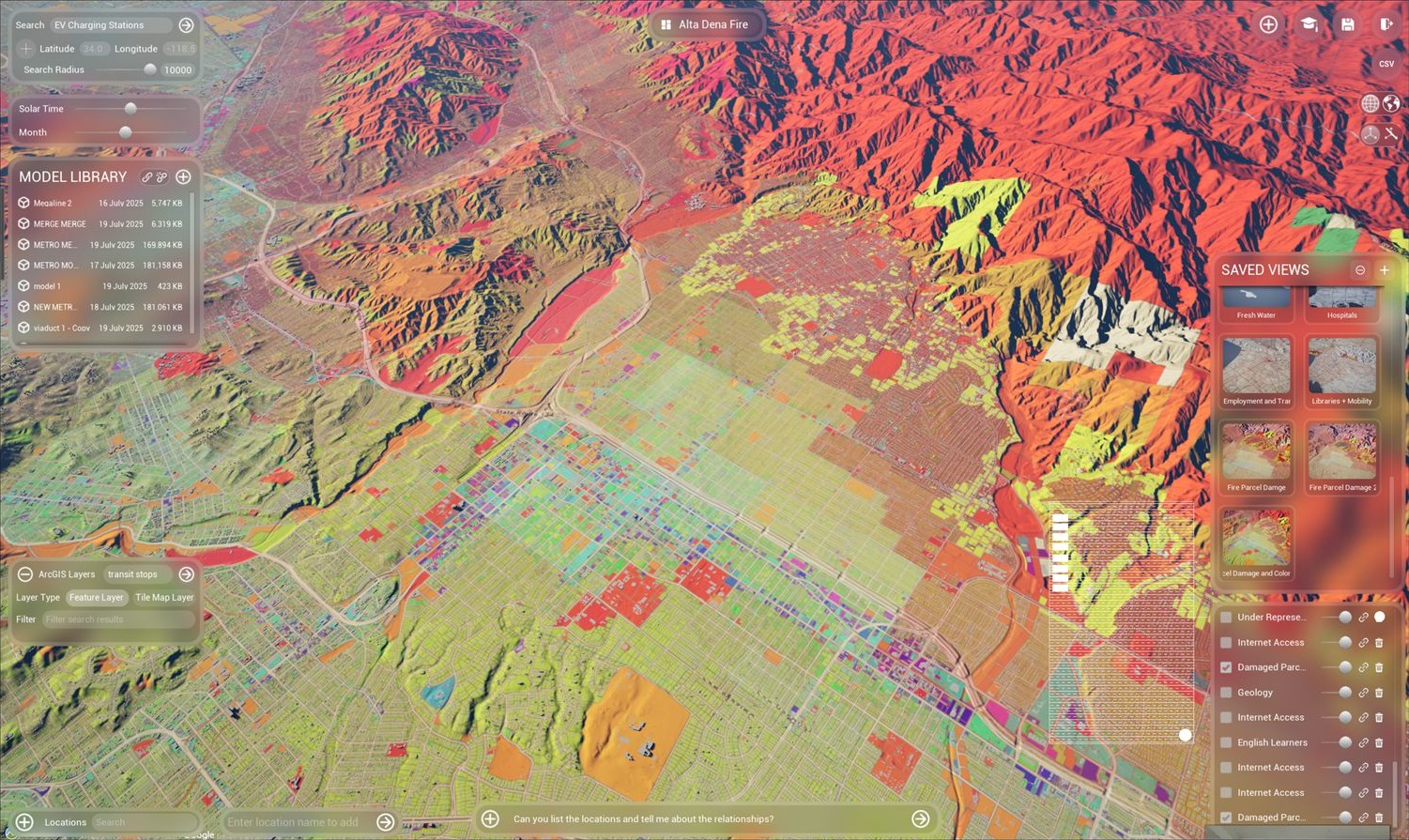 Classified thematic layers with legend panel over the Altadena fire zone