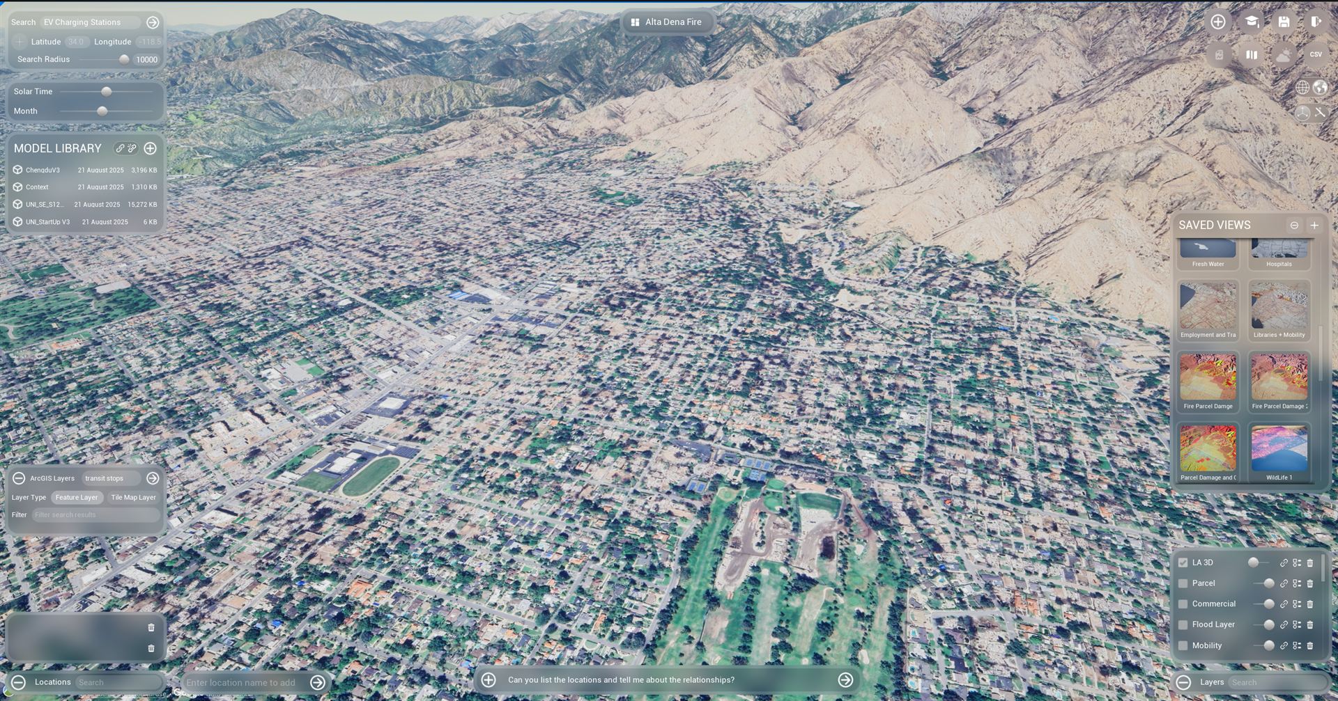 AURA workspace over the Altadena fire zone with model library, GIS layers, and AI query bar