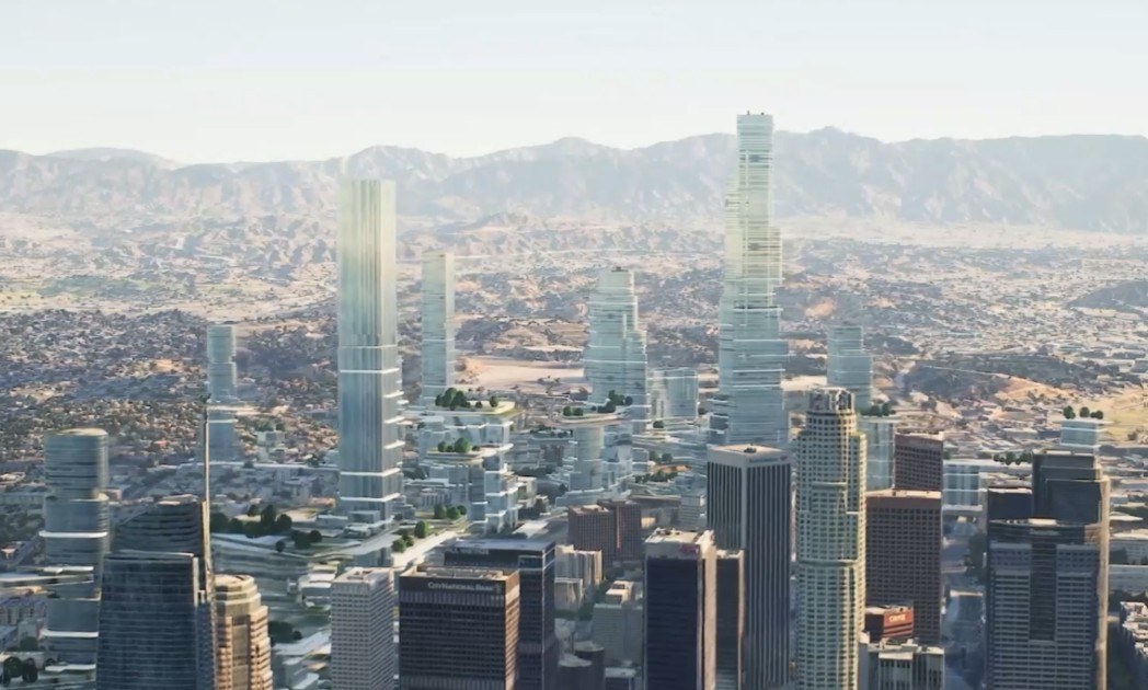 Proposed supertall towers placed in a photoreal 3D model of downtown Los Angeles