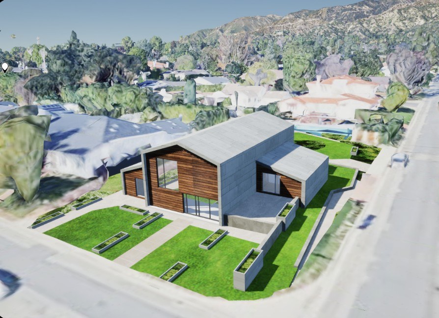 Residential BIM model sited on its real lot within a photoreal 3D neighborhood