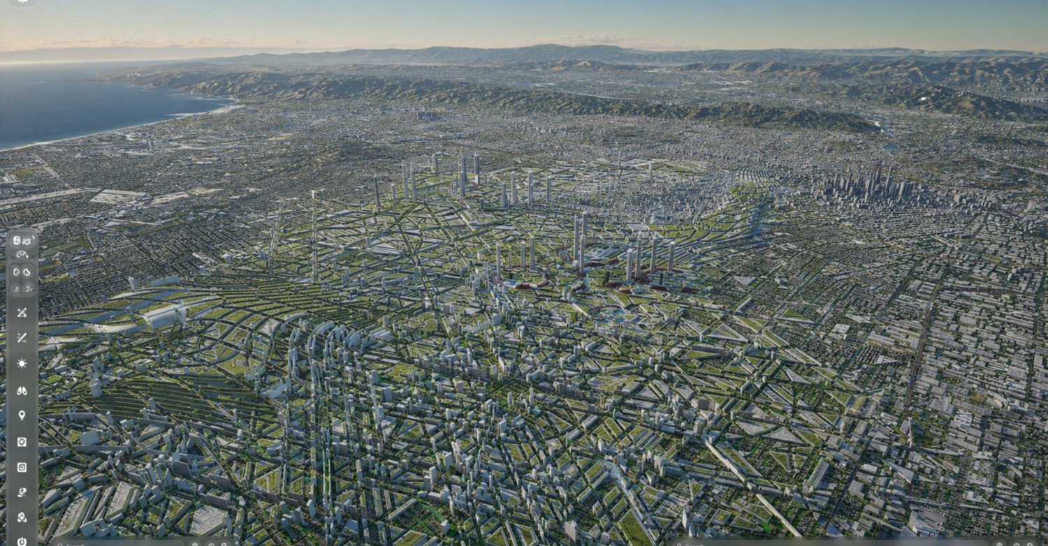 Dense reimagined metropolis seen from the air