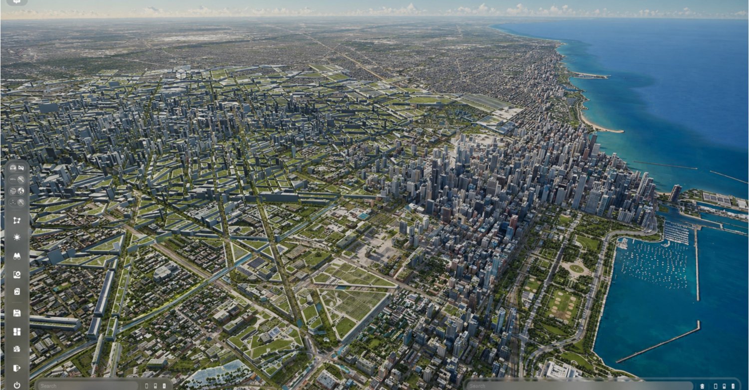 Coastal city with waterfront districts and skyline