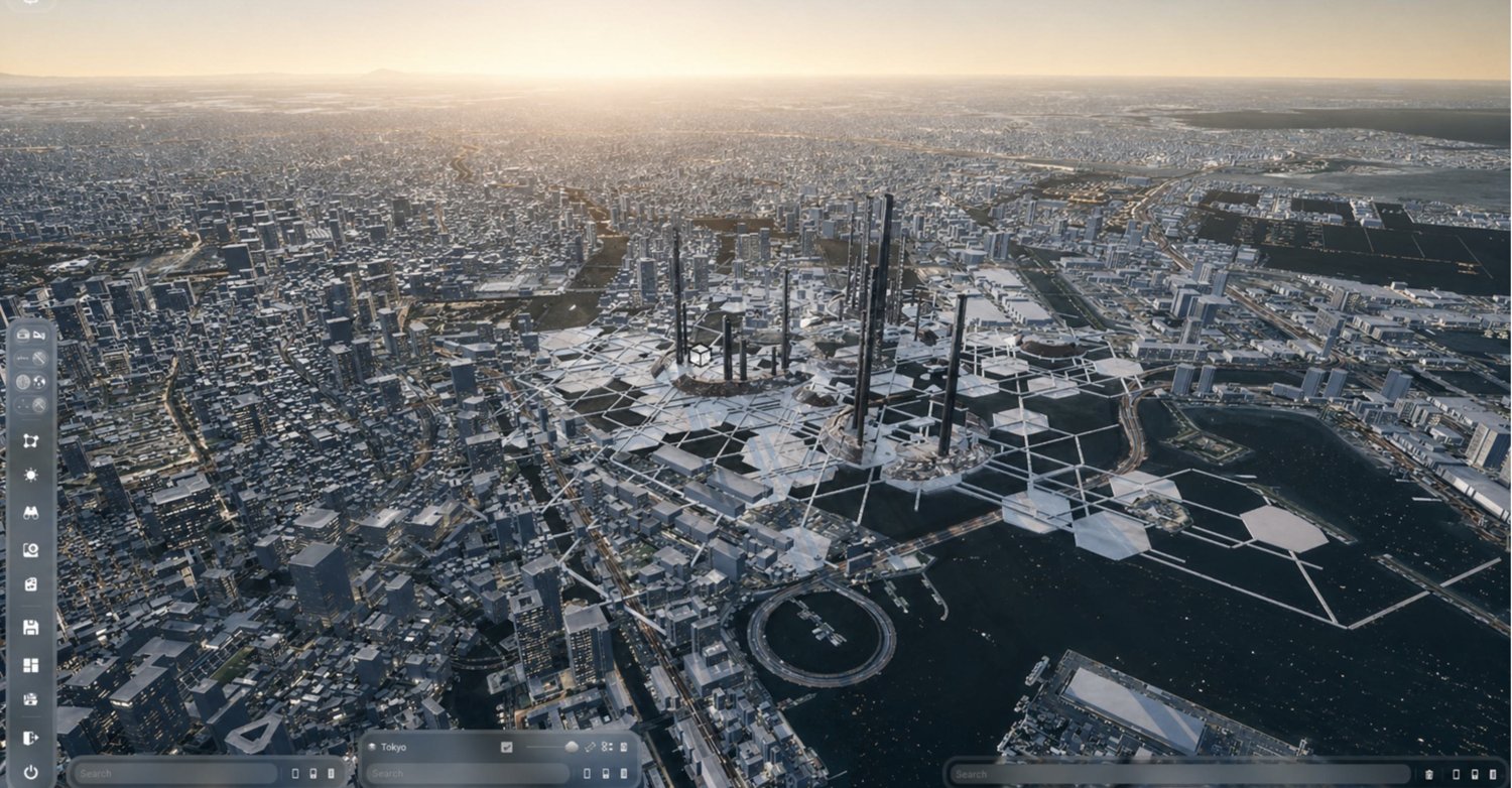 Crystalline towers and circular plazas reimagined over a bay at dusk